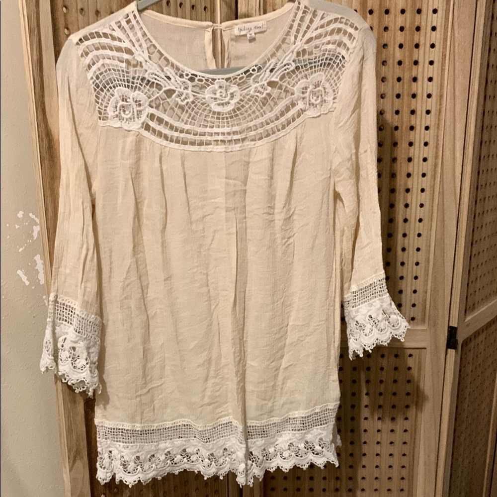 Indigo Soul Cream 3/4 Sleeve Embellished Blouse